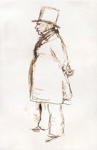 王立アカデミーのニス塗りの日にターナー (白い紙にペンと茶色のインク) 作： John Everett Millais