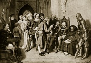 1513年のフロデンの戦い前の評議会のジェームズ4世、「ハッチンソンのイギリス国民の物語」、1923年頃のイラスト 作： John Faed