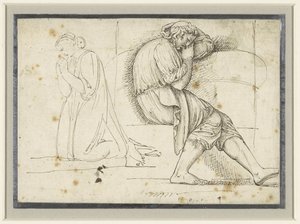 眠っている若い男性とひざまずいて祈っている女性の学習シート 作： John Flaxman (II)