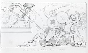 エイジャックスは、ギリシャの船を焼こうとするトロイア人を撃退します。ジョン・フラクスマン（1755〜1826）の作画。ホメロスの『イーリアス』。歌唱 XV.