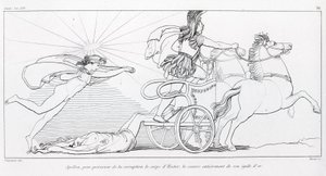 太陽の神アポロは、ヘクトルの体を守るために、黄金のイージスで彼を完全に覆う。歌唱XXIV。ジョン・フラクスマン（1755-1826）の絵。ホメロスの『イーリアス』。 作： John Flaxman