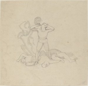 屍の上に立って角笛を吹く姿 作： John Flaxman