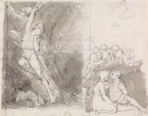 失われたミルトンの楽園のイラスト-天使に守られたアダムとイブ 作： John Flaxman