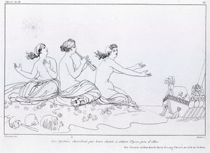 人魚は歌でユリシーズを惹きつけようとする。ジョン・フラクスマン（1755-1826）の作画。ホメロスの「オデュッセイア」。歌 XII.