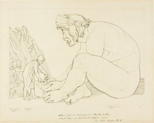 ユリシーズにワインをねだるポリュペムス 作： John Flaxman