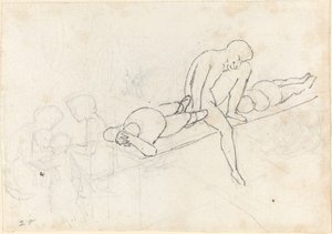 横たわっている 2 人の人物に挟まれた座っている男性。 左下隅の数字の群れ 作： John Flaxman