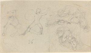 2 人の戦士の戦いを含むスケッチのシート 作： John Flaxman