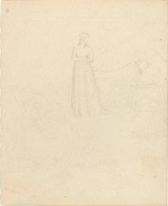 リクライニングと座っている人物を見て立っている女性の人物 作： John Flaxman