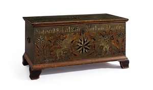 1799年、米国ペンシルベニア州ランカスター郡ラフォタウンシップのバーバラスタウファーのために作られた装飾されたブランケットチェスト 作： John Flory