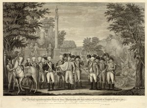 1781年10月、バージニア州ヨークタウンでの敗戦後、ワシントン元帥に武器を明け渡す英国人。1819年（彫刻）。 作： John Francis (after) Renault