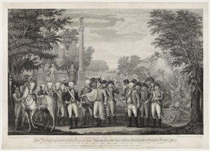 イギリス軍は1781年10月にバージニア州のヨークタウンで敗北した後、武器をGen：Washingtonに降伏させた。 作： John Francis (after) Renault