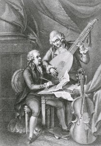 リューツのための音楽を構成するフランツジョセフハイドン（1732-1809）とヴォルフガングアマデウスモーツァルト（1756-91）の肖像、ミケーレベネデッティ（1745-1810）の彫刻 作： John Francis Rigaud