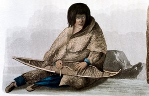 1823年の雪靴を修理する銅のインドの少女 作： John Franklin