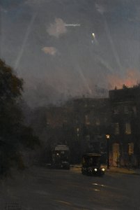 ツェッペリンの空襲、1915年10月8日、1915-18年頃（キャンバスに油彩） 作： John Fraser