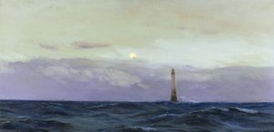 コーンウォール（イギリス）沖の岩島、ウルフ・ロック灯台。キャンバスに油彩 ジョン・フレイザー作（？） 作： John Fraser