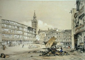 チャールズ・ジョセフ・ハルマンデル（1789-1850）が彫刻し、1836年に出版された「スペインのスケッチ」より、セビリアのサンフランシスコ広場。 作： John Frederick (after) Lewis