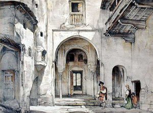 アルハンブラ宮殿のスケッチとデッサン」より「モスクの入り口」、William Gauci (fl.1825-54)の彫刻。 作： John Frederick (after) Lewis