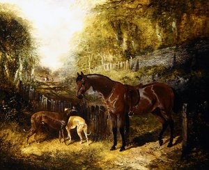 風景の中のポニーとグレイハウンド（油彩・キャンバス） 作： John Frederick Herring Jnr