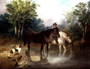 小川のほとりの2頭の馬と1人の男と1匹の犬 作： John Frederick Herring Jnr