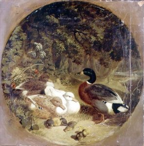 森の中の川の風景の中の鴨と鴨の子供たち 作： John Frederick Herring Senior