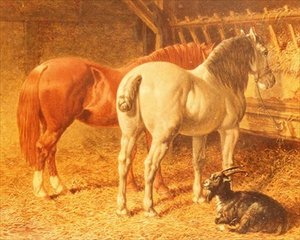 馬小屋の中の馬とヤギ 作： John Frederick Herring Senior