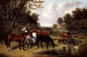 牧場の池のほとりの馬（油彩・キャンバス） 作： John Frederick Herring Senior