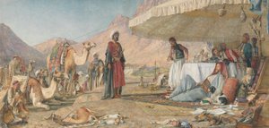 シナイ山の砂漠におけるフランクの野営。1842 - 遠くに見える聖カタリナ修道院 作： ジョン・フレデリック・ルイス