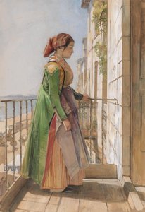 バルコニーに立つギリシャの少女