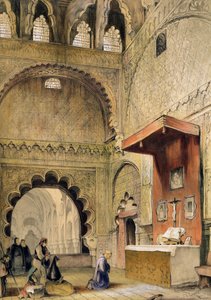 コルドバ：チャールズジョセフハルマンデル（1789〜1850年）によって刻まれた、「スペインのスケッチ」からモスクのキリスト教の祭壇で祈る僧侶、1836年発行 作： John Frederick Lewis