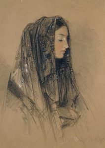 1838年のマンティーリャのイタリア人少女の頭（赤と黒のチョークとインドのインク、水彩画とバフボードのボディカラー） 作： John Frederick Lewis