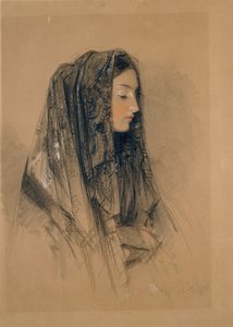 マンティラを被ったイタリア人の少女の頭部、1838 年 作： John Frederick Lewis