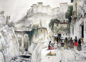 Alameda del Darroから見たアルハンブラ宮殿の一部（「アルハンブラ宮殿のスケッチとデッサン」より 作： John Frederick Lewis
