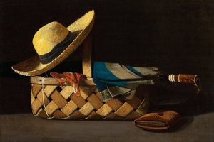 "マーケットバスケット、帽子、傘" 静物画 ジョン・フレデリック・ペト（1854-1907）の絵画 1890年頃 個人蔵