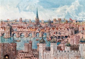 1386年のオールド・ロンドン・ブリッジ（カラーリトグラフ）