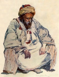 シープスキンコートのシリアの羊飼いの着席フィギュア、1902年。 作： John Fulleylove