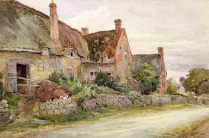 隣接する納屋のあるわらぶき屋根のコテージ、1881年（WCと紙に黒鉛） 作： John Fulleylove