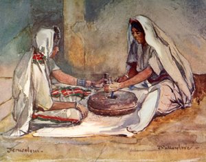 ハンドミルで粉砕する2人の女性、1902年。 作： John Fulleylove