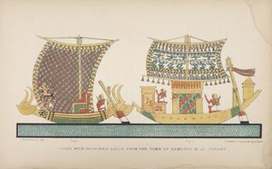 テーベのレメセス3世の墓からの色付きの帆を備えたボート、「古代エジプト人のマナーと習慣...」からのイラスト、1837-41 作： John Gardner Wilkinson