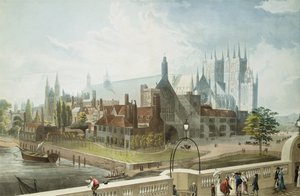 ダニエルハヴェル（1785-1826）によって刻まれたウェストミンスターホールアンドアビー、ルドルフアッカーマン（1764-1834）によって出版された1819年（着色されたアクアチント） 作： John Gendall