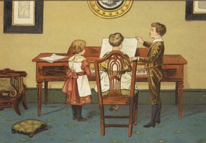 ピアノでリハーサルをする子供たち (カラー リソ) 作： John George (after) Sowerby