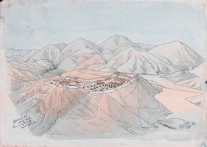 1880 年 8 月 9 日、ハイ ピケから北を向いたジャグダラック ポスト (ペン、インク、水彩) 作： John George Day