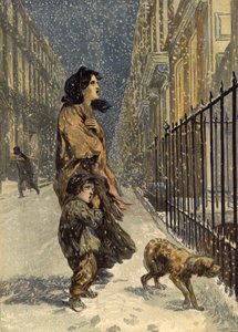 雪の中で犬を飼っているホームレスの貧しい人々、母と子（クロモリト） 作： John Gilbert