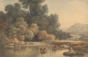 川と牛のいる丘陵の風景 作： John Glover