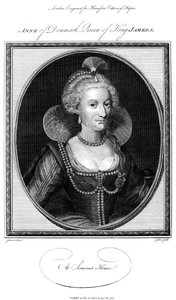 デンマークのアン1574-1619、ジェームズ1世の女王の配偶者、1786年。 作： John Goldar