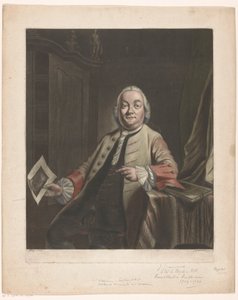 ゲリット・ハゲドーレンの家の略奪の版画を手にしたシモン・フォッケの肖像、1751年