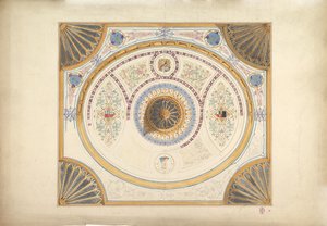 19世紀のコーナーに2つの肖像画とファンサポートを備えた天井のデザイン. 作： John Gregory Crace