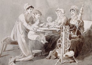 紡ぎ車で家族と暮らす女性（紙にペンとインクで洗う） 作： John Harden