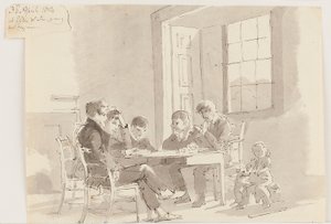 ストーターズ、エルターウォーター、1814年に読んでいる少年たち（ペン＆インク、紙にウォッシュ） 作： John Harden