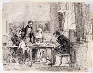 1823年10月10日、家族グループによる裁縫と読書（紙にペンとインク）