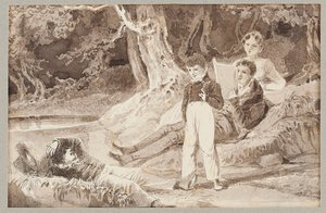 暑い日に木の中で4人の人物、1807年（紙にトイレ） 作： John Harden
